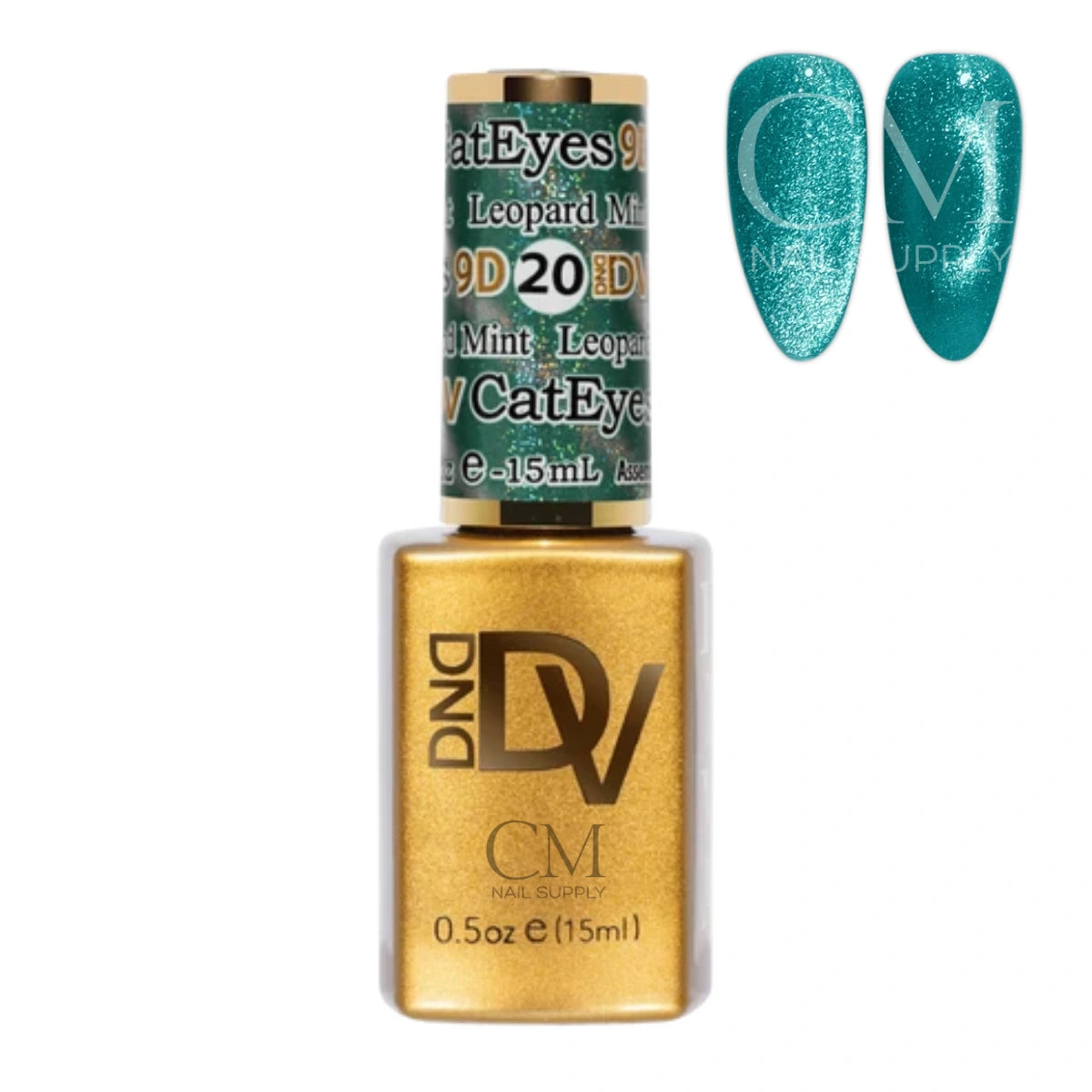 DND Diva Cat Eye Gel Polish #20 Leopard Mint bottle next to a turquoise mint cat eye nail polish swatch.