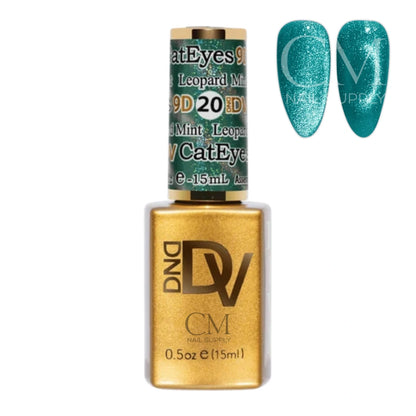 DND Diva Cat Eye Gel Polish #20 Leopard Mint bottle next to a turquoise mint cat eye nail polish swatch.
