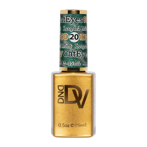 DND Diva Cat Eye Gel Polish #20 Leopard Mint bottle standing upright in turquoise.