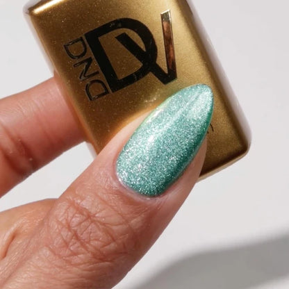 Close up manicure photo in DND Diva Cat Eye Gel Polish #20 Leopard Mint, showing the depth of the turquoise mint cat eye effect.