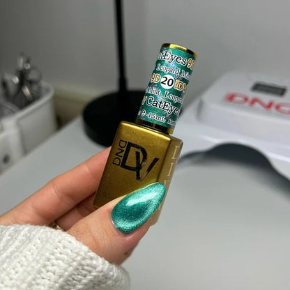 Hand with a turquoise mint cat eye manicure holding the DND Diva Cat Eye Gel Polish #20 Leopard Mint bottle.