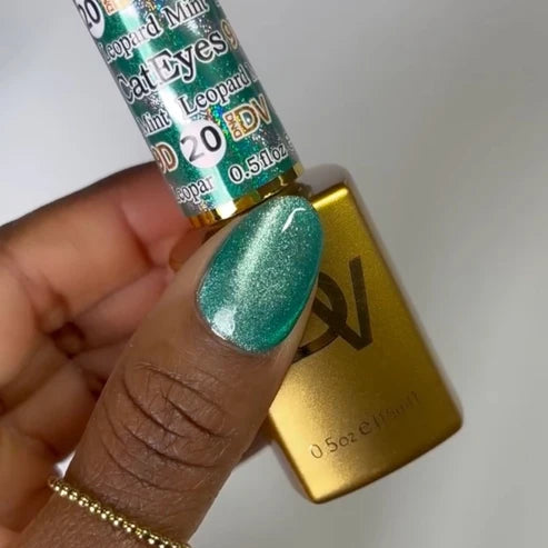Single nail shot of DND Diva Cat Eye Gel Polish #20 Leopard Mint, showing the turquoise mint cat eye gel polish finish.