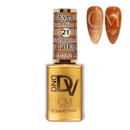 DND Diva Cat Eye Gel Polish #21 Button Nose bottle next to a caramel orange cat eye nail polish swatch.