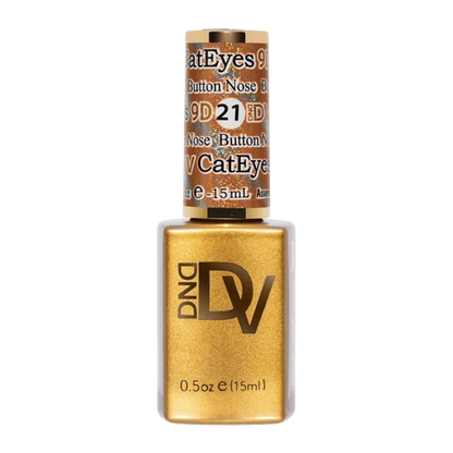 DND Diva Cat Eye Gel Polish #21 Button Nose bottle standing upright in caramel orange.