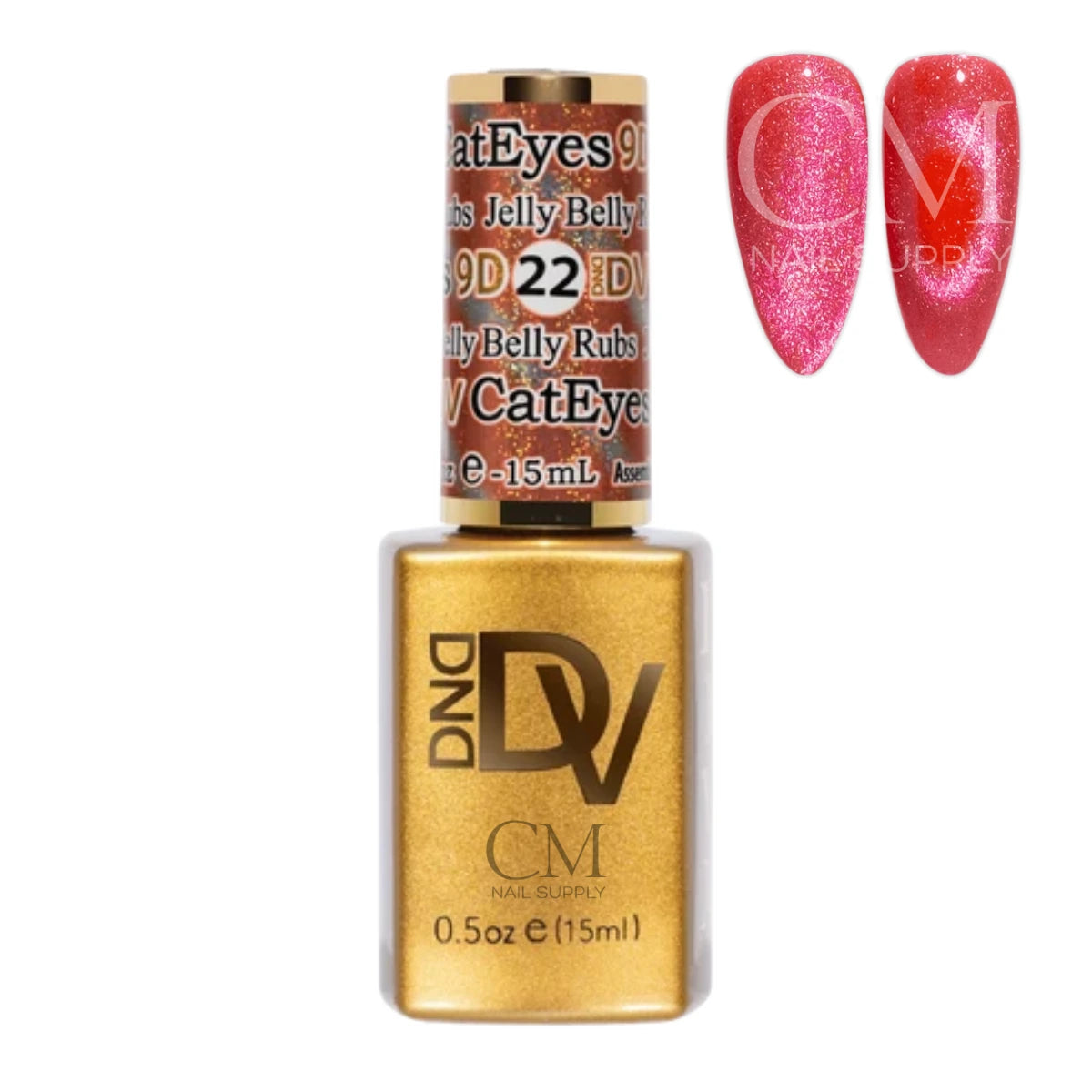 DND Diva Cat Eye Gel Polish #22 Jelly Belly Rubs bottle next to a watermelon pink cat eye nail polish swatch.