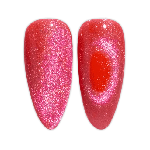 Close up swatch of DND Diva Cat Eye Gel Polish #22 Jelly Belly Rubs showing the watermelon pink cat eye nail polish effect.