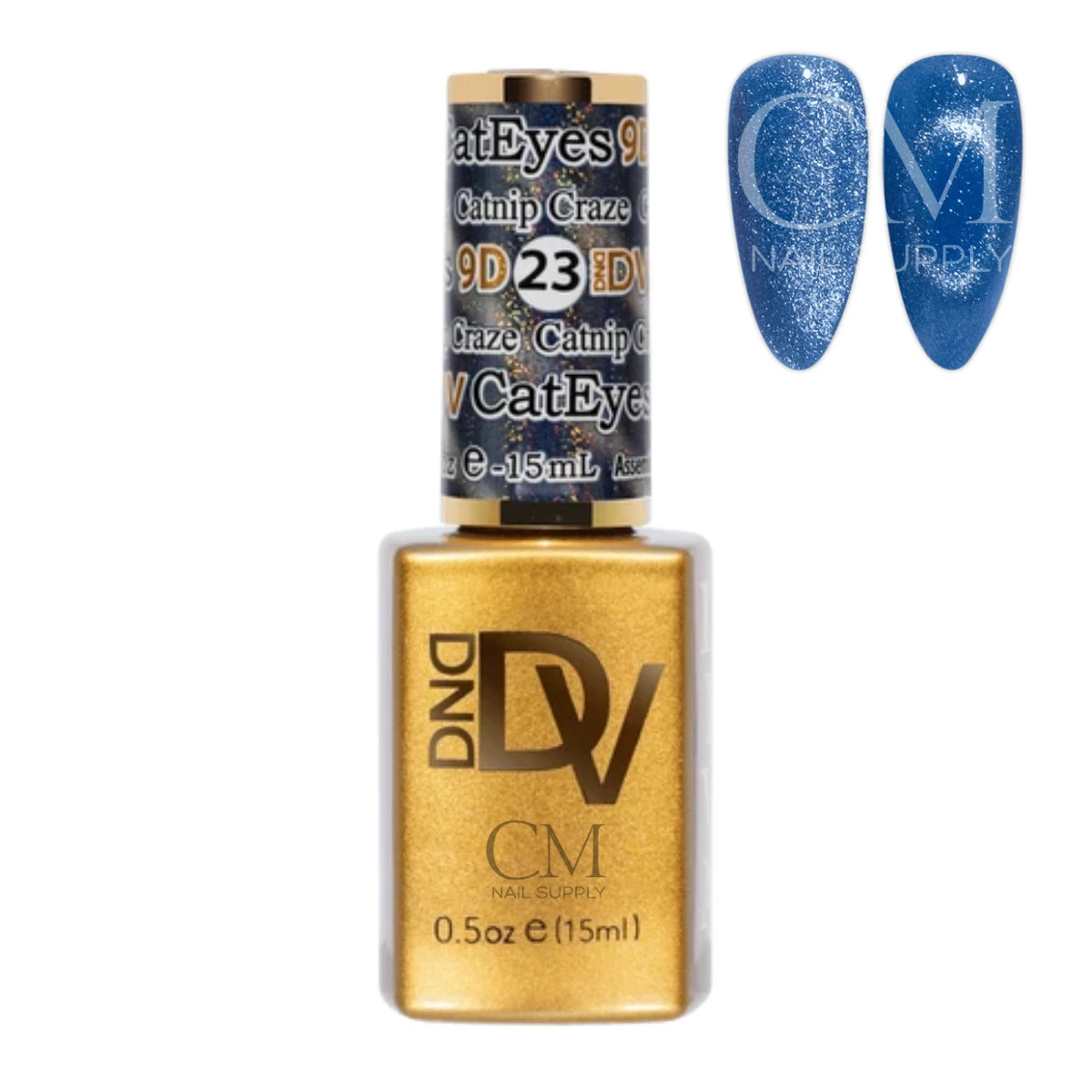 DND Diva Cat Eye Gel Polish #23 Catnip Craze bottle next to a velvety blue cat eye nail polish swatch.