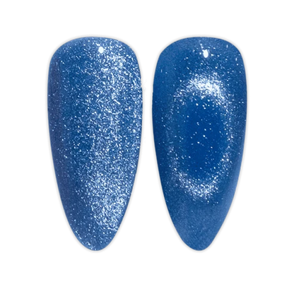 Close up swatch of DND Diva Cat Eye Gel Polish #23 Catnip Craze showing the velvety blue cat eye nail polish effect.