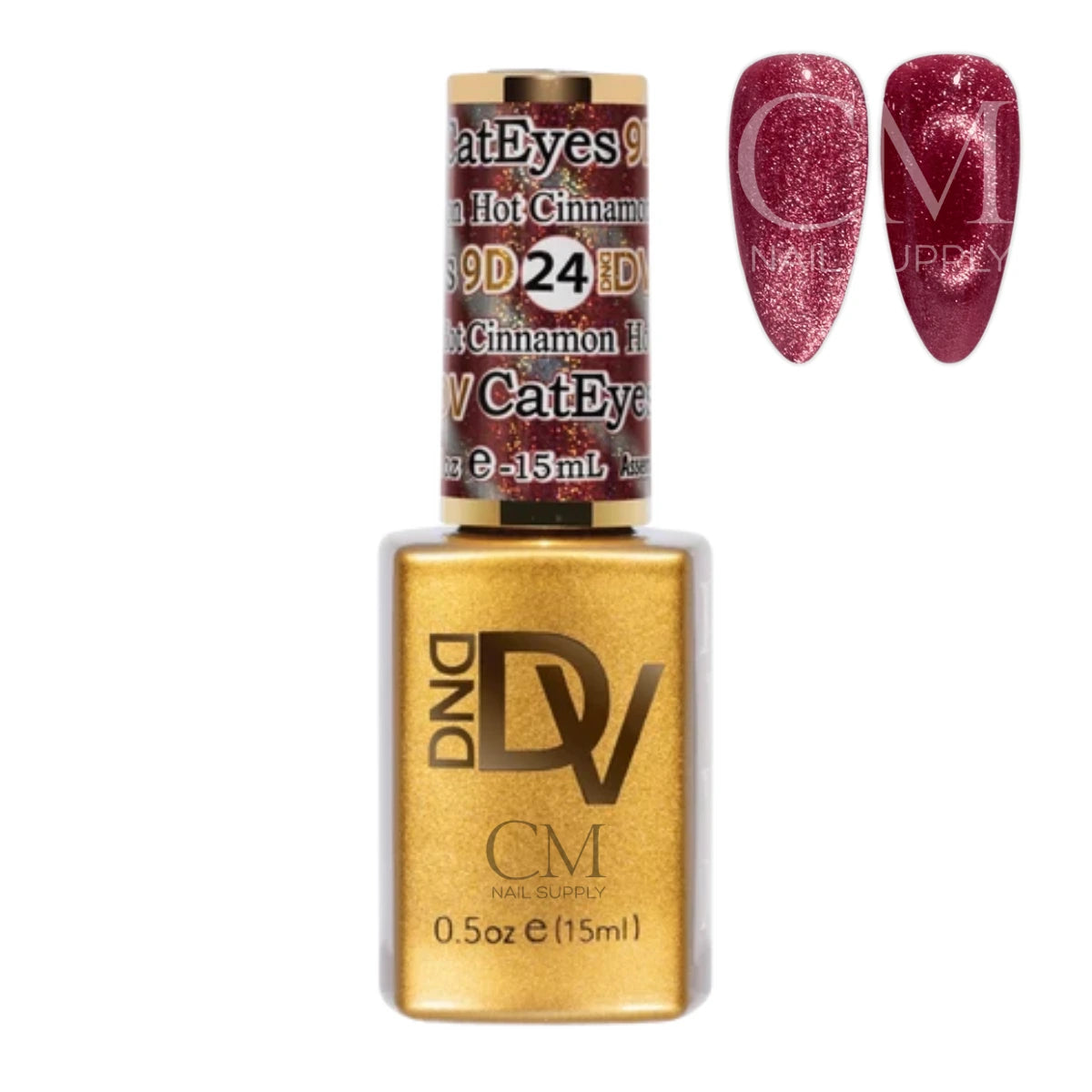 DND Diva Cat Eye Gel Polish #24 Hot Cinnamon bottle next to a cinnamon pink cat eye nail polish swatch.