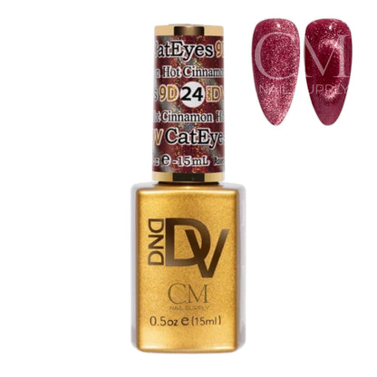 DND Diva Cat Eye Gel Polish #24 Hot Cinnamon bottle next to a cinnamon pink cat eye nail polish swatch.
