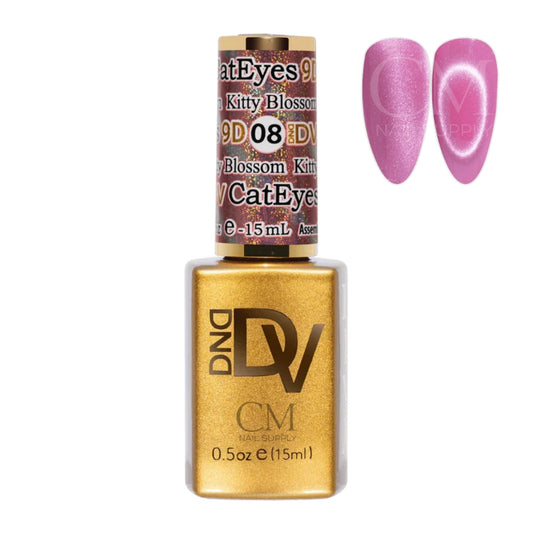 DND DIVA Cat Eye Gel Polish kitty blossom bottle with pink nail swatch