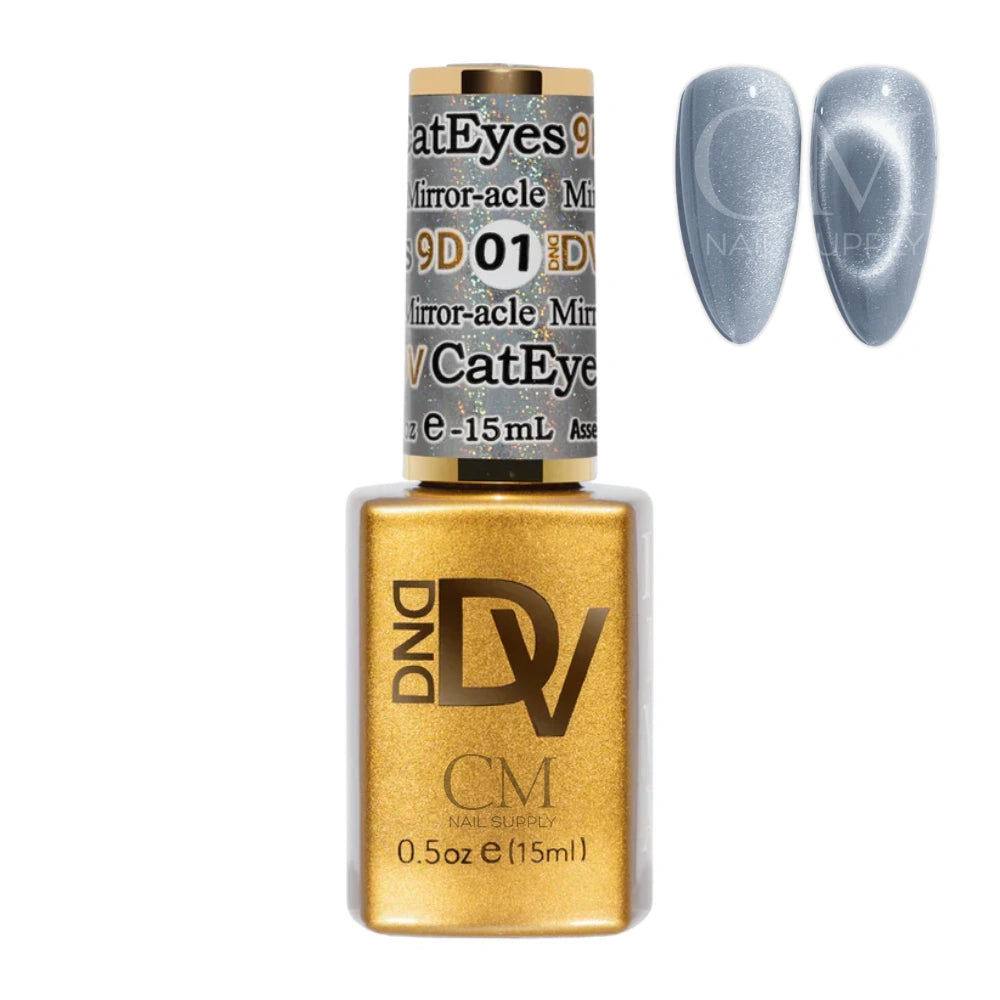 DND DIVA Cat Eye Gel Polish Mirror-acle 01 bottle with swatch nails
