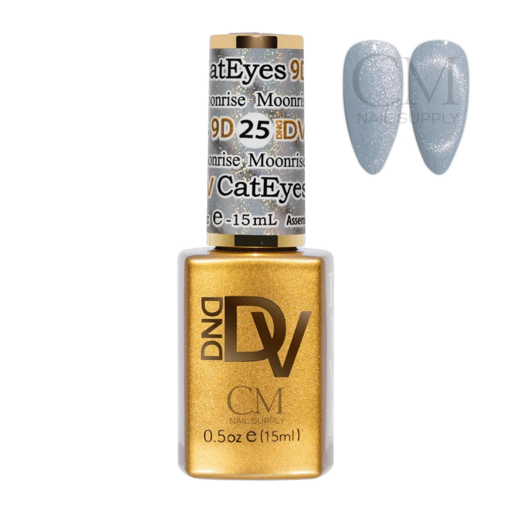 DND DIVA Cat Eye Gel Polish Moonrise 25 silver bottle with nail swatch