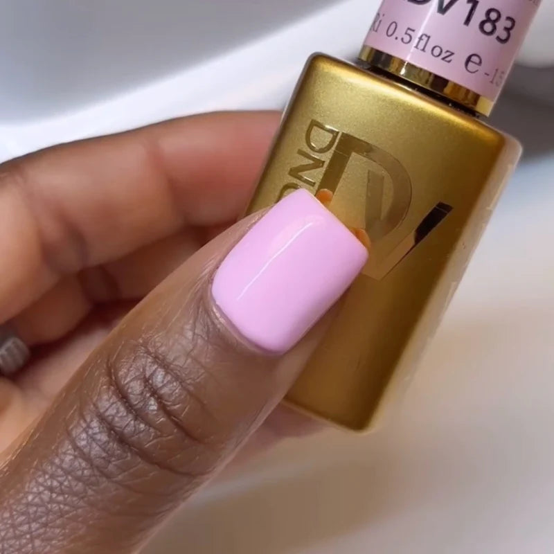 Hand showing finished manicure in DND DIVA Pink Ribbons bright neutral pink gel nail polish