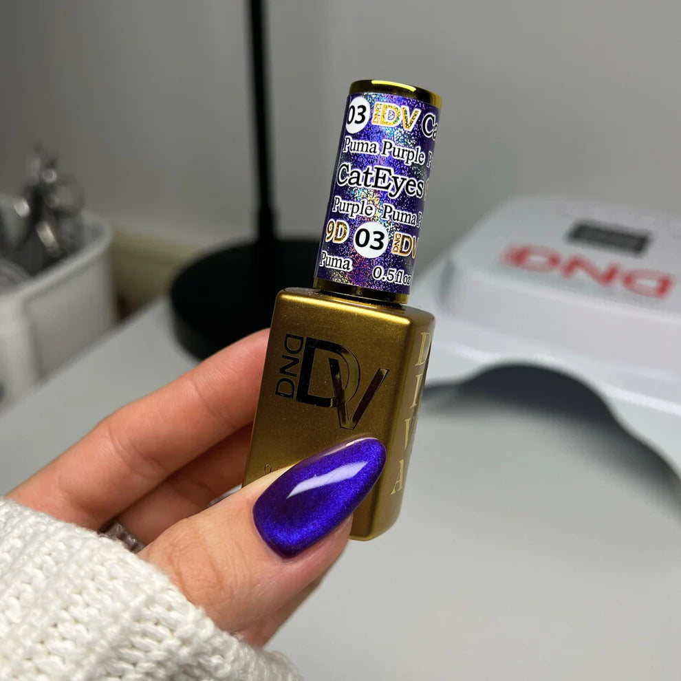 DND DIVA Puma Purple cat eye gel polish bottle angled view
