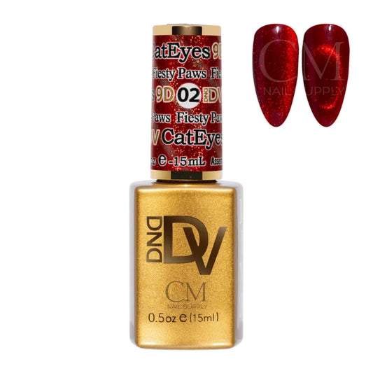 DND DIVA Cat Eye Gel Polish fiesty paws 02 bottle with red nail swatch