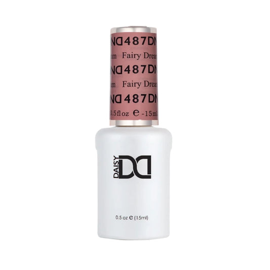 DND Fairy Dream #487 gel polish bottle in a dreamy fairy-inspired nail colour, A delicate beige nude with red undertones