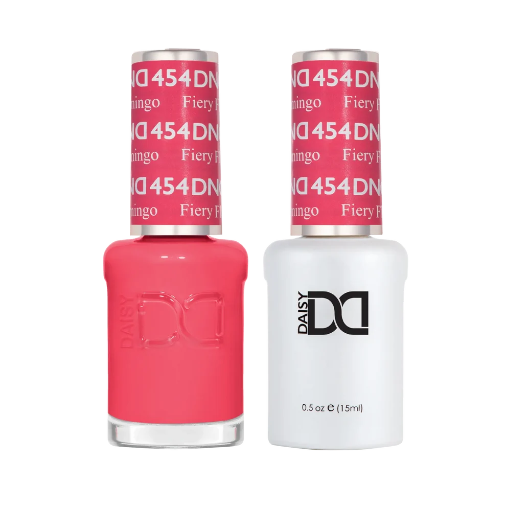 DND Fiery Flamingo #454 Gel & Lacquer Duo featuring matching gel polish and nail lacquer.
