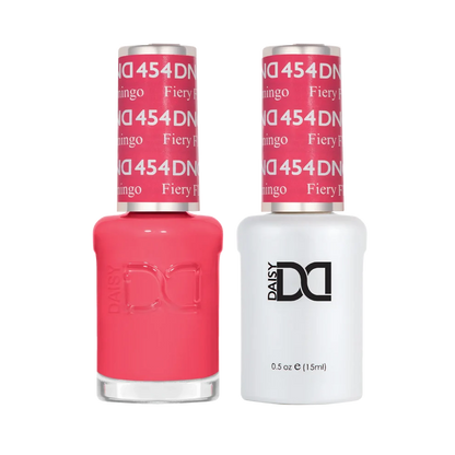 DND Fiery Flamingo #454 Gel & Lacquer Duo featuring matching gel polish and nail lacquer.