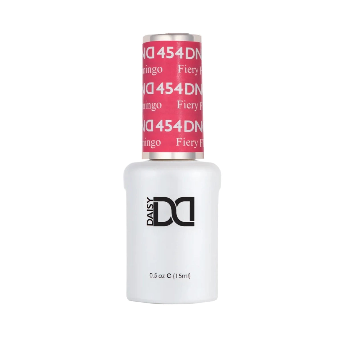 DND Fiery Flamingo #454 gel polish bottle in a vibrant fiery pink flamingo nail colour.