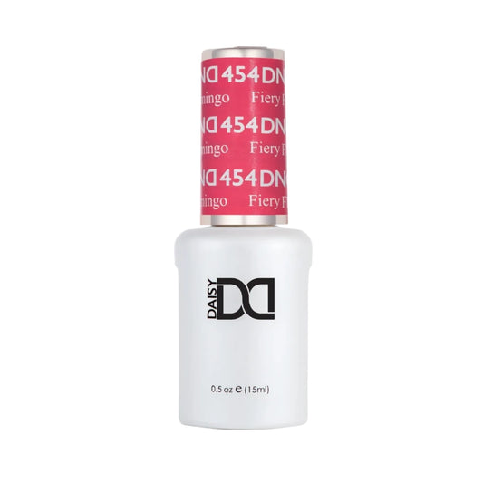 DND Fiery Flamingo #454 gel polish bottle in a vibrant fiery pink flamingo nail colour.