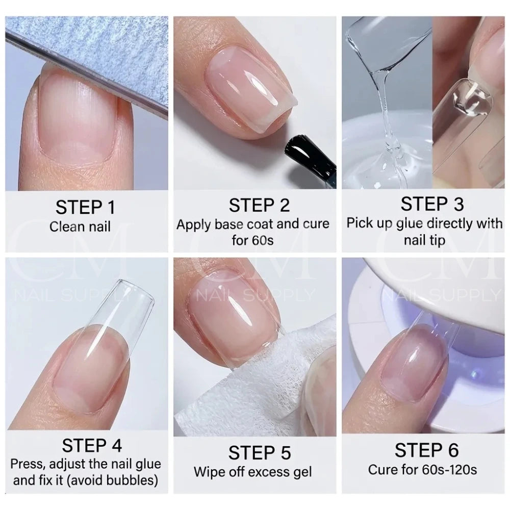 DND clear gel glue for nail tips with strong long lasting hold application guide infograph 