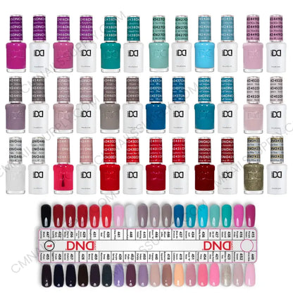 DND gel nail polish duo bottles showing gel and lacquer pairs for shades 415 to 460
