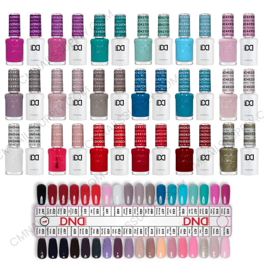 DND gel nail polish duo bottles showing gel and lacquer pairs for shades 415 to 455
