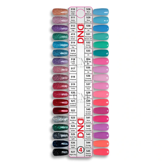 Color swatch card with various DND Gel Polish nail polish colors on a white background for wholesale