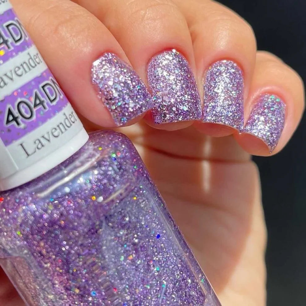 DND Lavender Daisy Star #404 gel polish bottle on nails manicure
