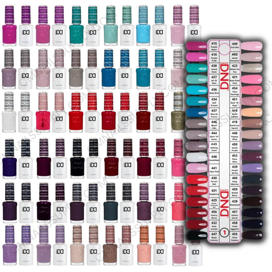 DND gel polish set featuring all 36 colour collection bottles arranged in rows