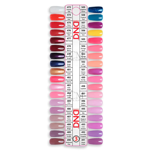 Color chart for DND nail polish with various shades on a white background for wholesale bulk buy
