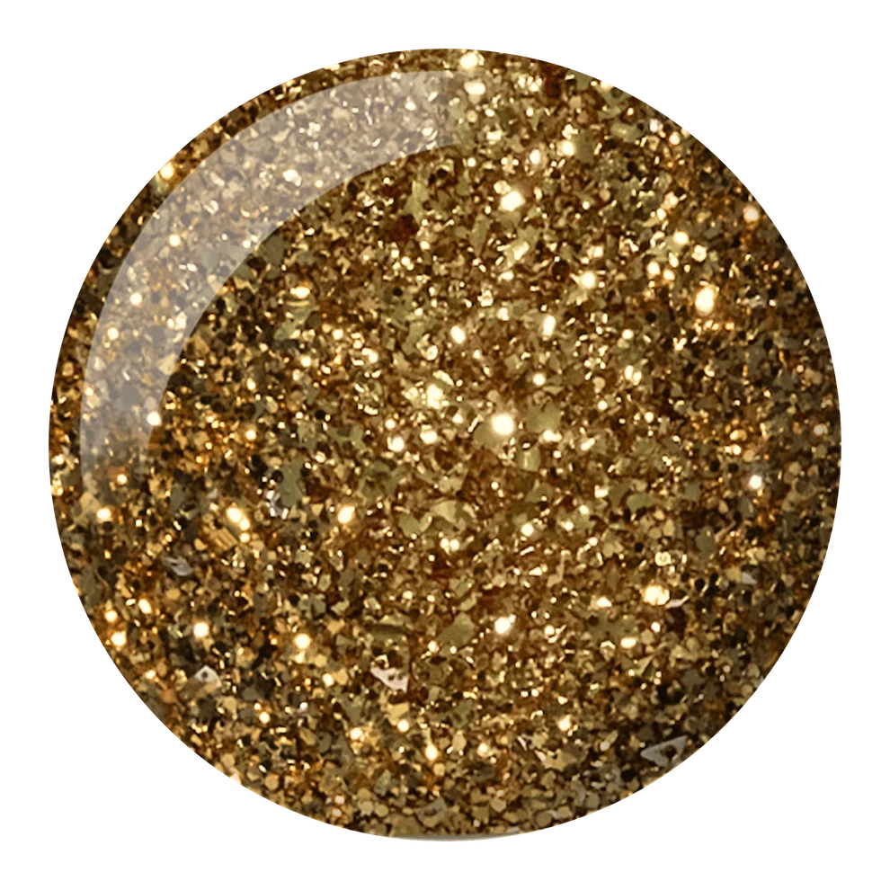 Close up color swatch of DND Golden Gardens #546 showing the yellow gold shade packed with glitter