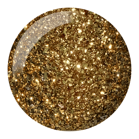 Close up color swatch of DND Golden Gardens #546 showing the yellow gold shade packed with glitter