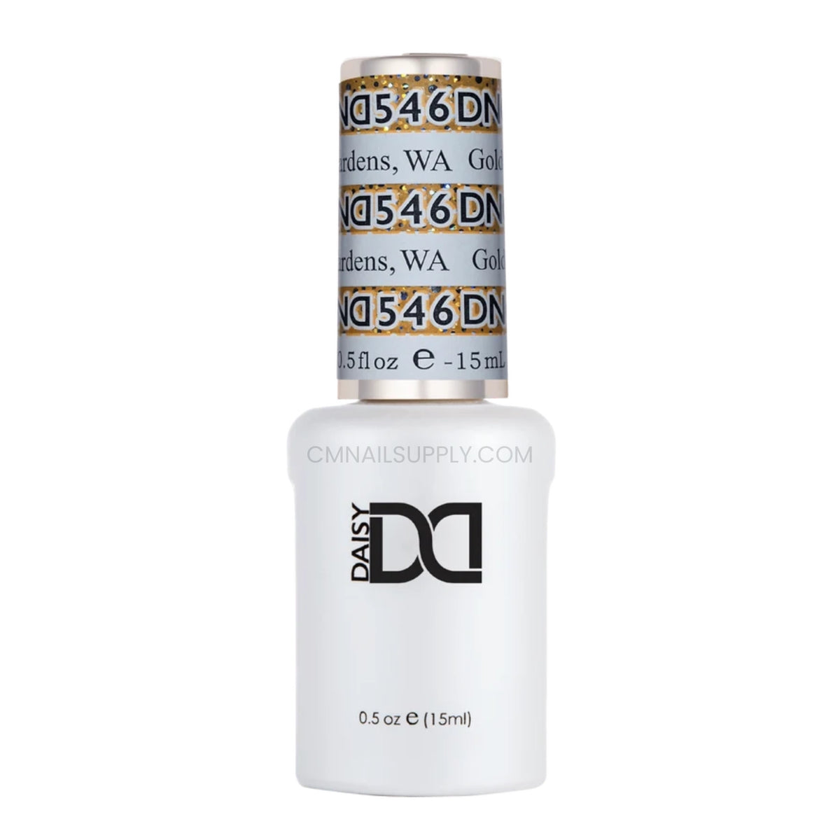 DND Golden Gardens #546 gel polish bottle in a rich yellow gold with glitter