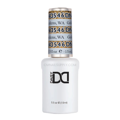 DND Golden Gardens #546 gel polish bottle in a rich yellow gold with glitter