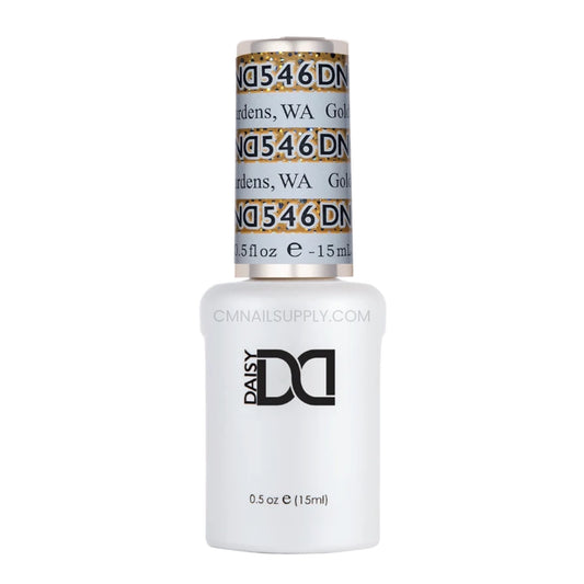 DND Golden Gardens #546 gel polish bottle in a rich yellow gold with glitter
