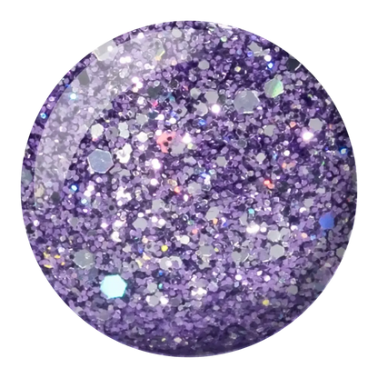 A circular close-up of purple glitter swatch with mixed silver, purple, and iridescent flecks, shown on a plain white background. DND Lavender Daisy Star #404 gel polish and nail lacquer duo