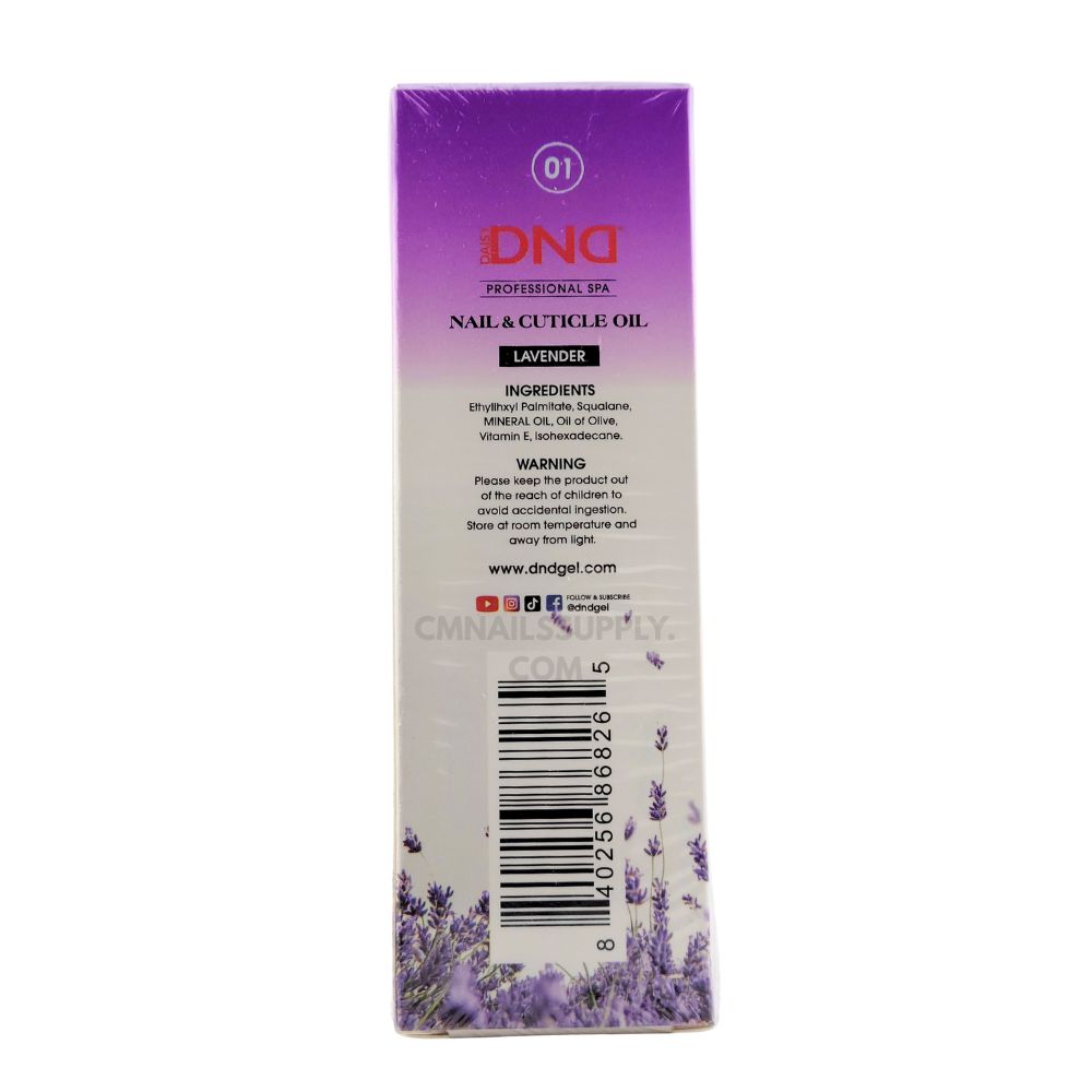 DND Lavender Nail and Cuticle Oil – non-greasy, top-rated cuticle oil made in USA (back label)