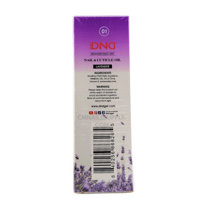 DND Lavender Nail and Cuticle Oil – non-greasy, top-rated cuticle oil made in USA (back label)