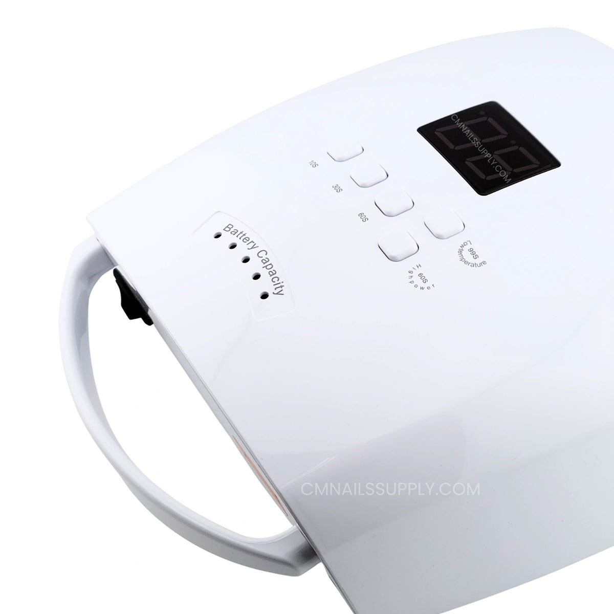 Close up of the DND nail lamp digital display showing the timer buttons and settings