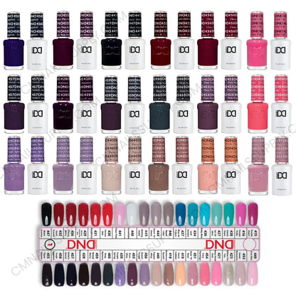 DND nail polish colour swatches from Collection 1 showing 36 shades on nail display chart