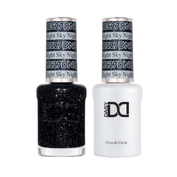 DND Night Sky #527 Gel & Lacquer Duo featuring matching black glitter gel polish and nail lacquer.