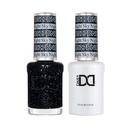 DND Night Sky #527 Gel & Lacquer Duo featuring matching black glitter gel polish and nail lacquer.