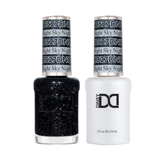 DND Night Sky #527 Gel & Lacquer Duo featuring matching black glitter gel polish and nail lacquer.
