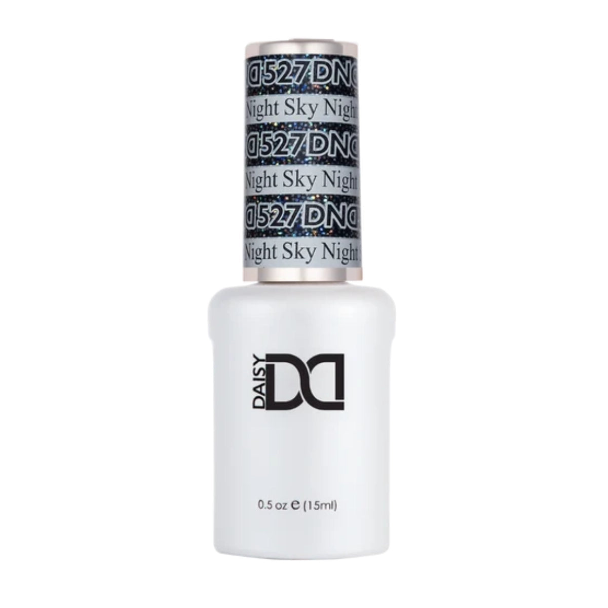 DND Night Sky #527 gel polish bottle in a dramatic galactic black with mesmerizing glitter.