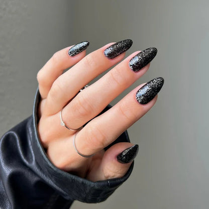 DND Night Sky #527 manicure featuring dramatic galactic black gel polish with sparkling glitter.