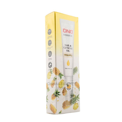 DND pineapple Nail and Cuticle Oil – non-greasy, top-rated cuticle oil made in USA (back label)