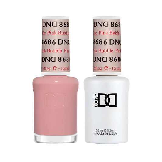 DND Pink Bubble #8686 (3456) gel and lacquer duo set showing porcelain pink sheer salon polish system