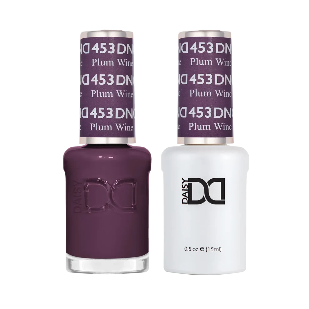 DND Plum Wine #453 Gel & Lacquer Duo featuring matching gel polish and nail lacquer.